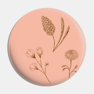 Garden flowers botanical line drawing in coral pink Pin