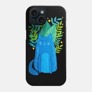 Cat and foliage - blue and green and black Phone Case