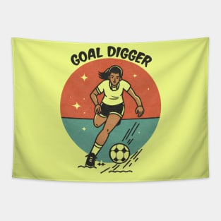 Funny Minimalist Vintage Girl Kicking Football 'Goal Digger' Illustration Tapestry