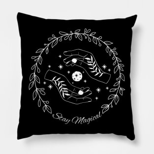 Line art floral wreath with hands holding moon - stay magical Pillow