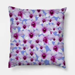 Light Pink Orchid Pattern on Blue Background Pillow