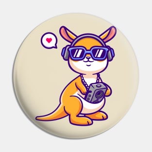 Cute Kangaroo Listening Music With Boombox And Headphone Cartoon Pin