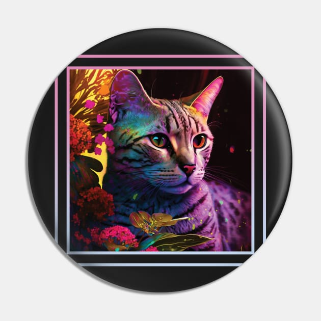 Cuddly Egyptian Mau Cat Floral Vibrant Tropical Digital Oil Painting Portrait Pin by ArtHouseFlunky