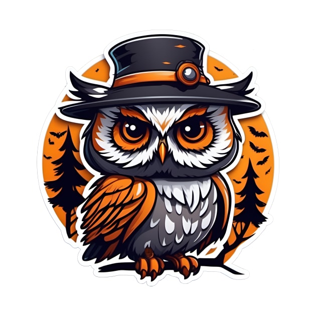 An owl wearing a hat and sitting on a branch in the forest by CreativeXpro