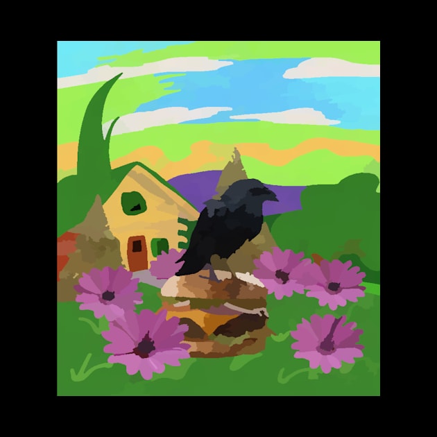 crow loves cheeseburger with flowers by Catbrat