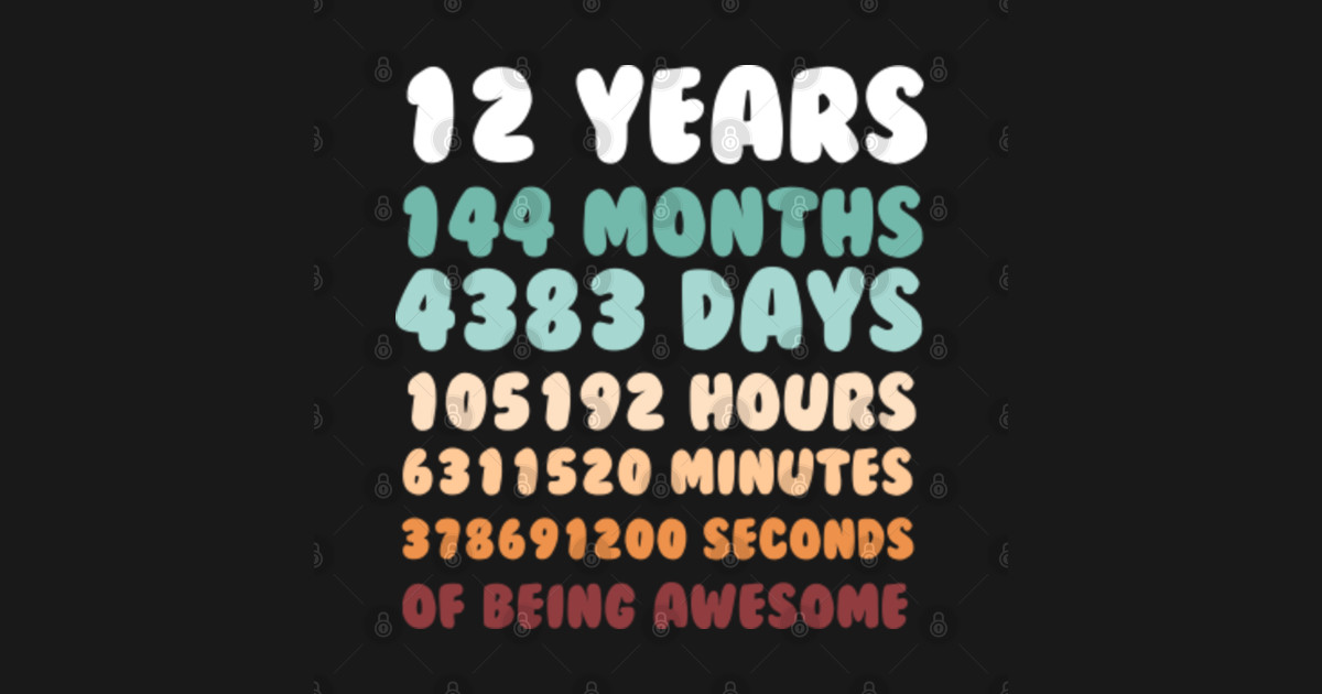 12 Years 144 Months 4383 Days 105192 Hours 6311520 Minutes 378691200