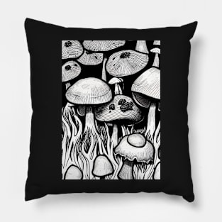 DREAMY INK BLACK AND WHITE BUNCH OF MUSHROOMS Pillow