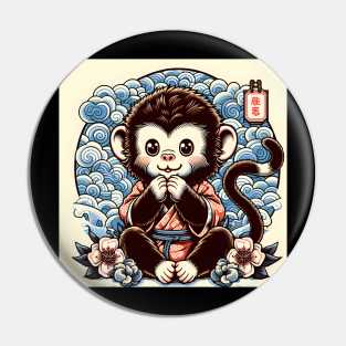 Cute Kawaii monkey king wearing a kimono with flower classic design Pin