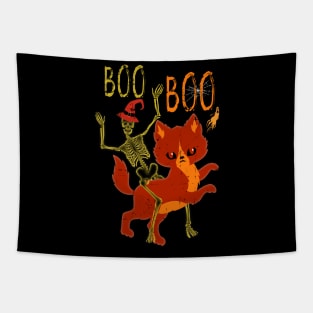 Halloween Skeleton Riding Red Cat Boo Boo Tapestry