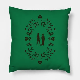 Pride and Prejudice Silhouette of Mr. Darcy and Elizabeth Bennet from Writer Jane Austen in a Folk Art Botanical Frame With Romantic Hearts and Butterflies Black and White Victorian Frame Pillow