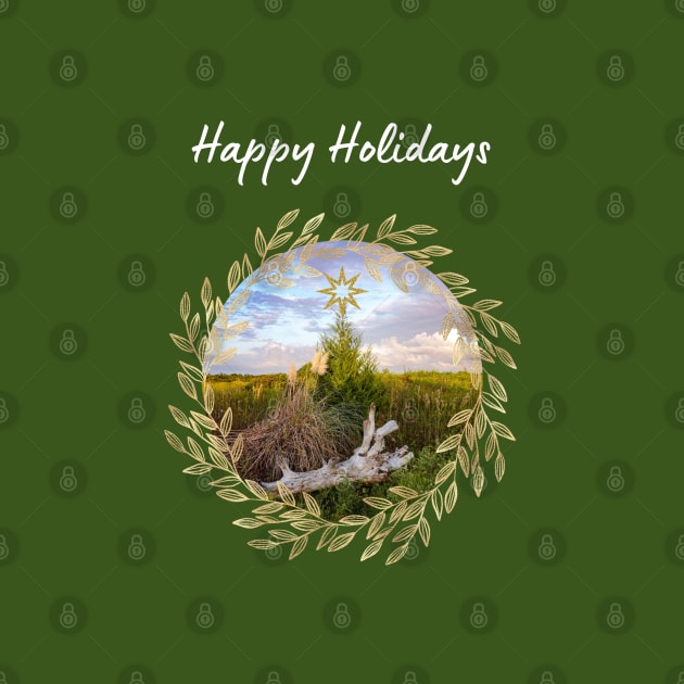 Happy Holidays - Rustic Evergreen and Gold Leaves by Suncatcher Photos - Apparel - Home Decor