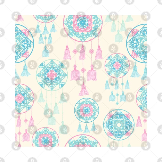 Pink and teal dreamcatcher on cream seamless pattern by marufemia