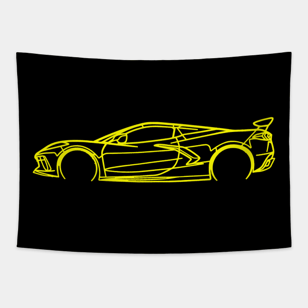 Accelerate Yellow C8 Corvette Racecar Side Silhouette Outline Accelerate Yellow Supercar Sports car Racing car Tapestry by Tees 4 Thee