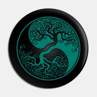 Teal Blue and Black Tree of Life Yin Yang Pin
