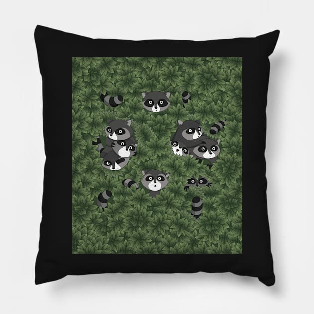 Raccoon Family in the Trees Pillow by PaperRain