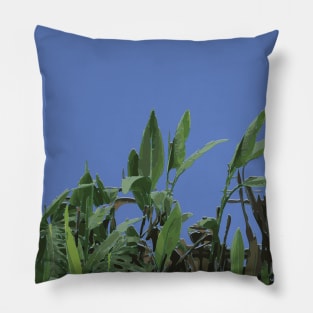 Lush Green Tropical Plants Drawing on Blue Pillow