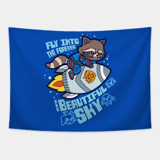 Cute Superhero Adorable Raccoon Riding Rocket With Movie Quote Tapestry