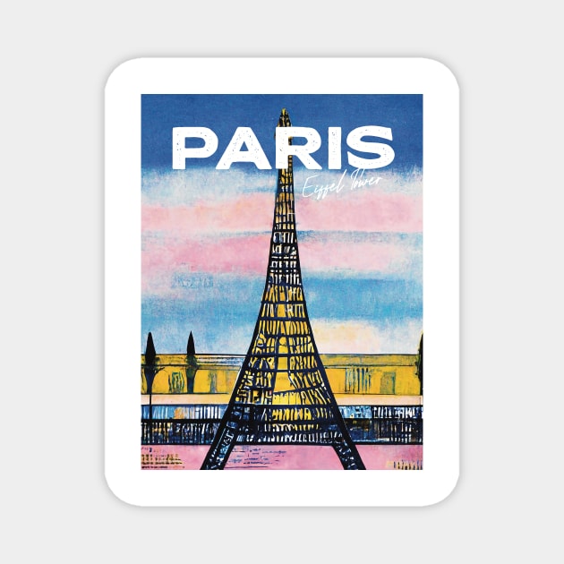 Eiffel Tower Paris Pink Sunset Travel Poster Retro Wall Art Illustration Magnet by BetterManufaktur