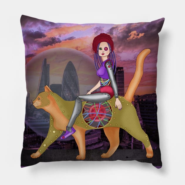 Cyber girl and cyber cat in the city at night Pillow by KateQR