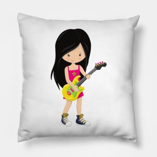 Rock Girl, Black Hair, Band, Music, Guitar Player Pillow