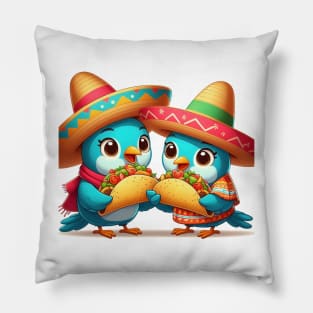 cute love birds are eating Mexican specialties, Tacos, Burritos, Enchiladas, Quesadillas, Guacamole, Fajitas, Chiles Rellenos, Tamales, Mole, Chilaquiles, Pillow