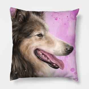 Painting of a Brown and White Furry Collie Dog Smiling Pillow