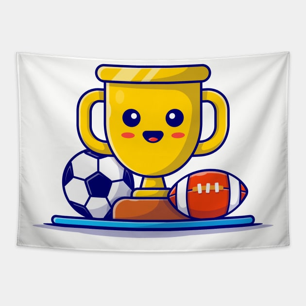 Cute Sport Trophy with Soccer Ball and Rugby Cartoon Vector Icon Illustration Tapestry by Catalyst Labs