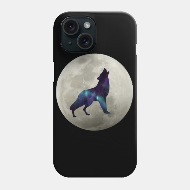 Cosmic Galaxy Wolf Howling Full Moon Space Wolf Gift Phone Case by AmbersDesignsCo