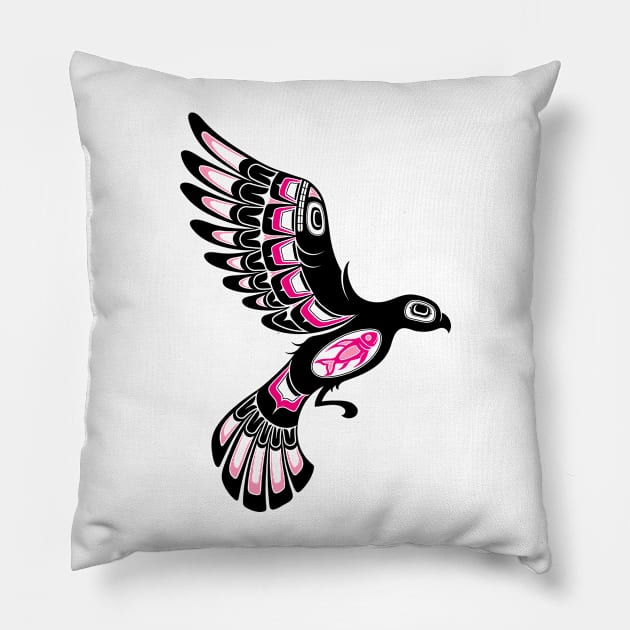 Pink and Black Haida Spirit Flying Bird Pillow by jeffbartels