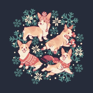 Winter corgis in teal T-Shirt