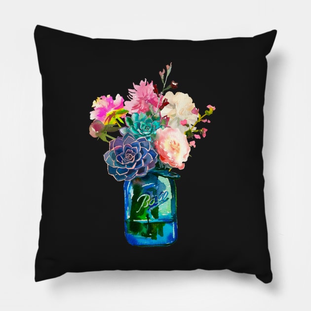 Watercolor mason jar flowers Pillow by SouthPrints