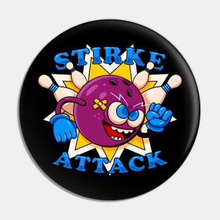 Strike attack, illustration of bowling ball mascot attacking skittles Pin