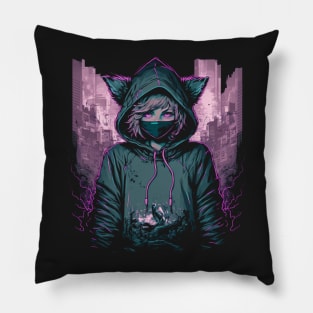 Anime hooded Catgirl silkscreen Pillow