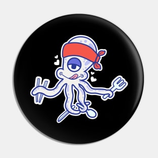 Octopus cartoon character withholding cutlery Pin