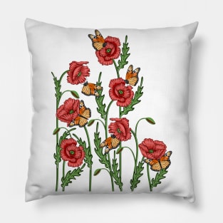 Poppies And Butterflies Pillow