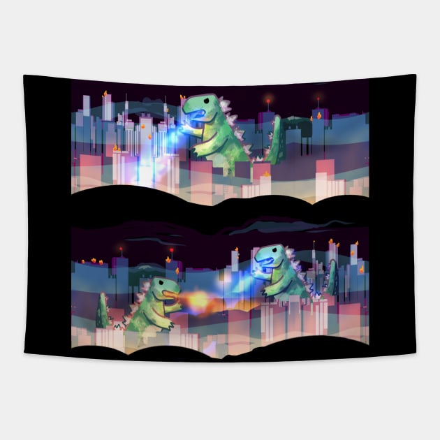 Kaiju lizard dinosaur fire-breathing t-rex mutant radioactive dragons on the rampage Tapestry by sandpaperdaisy