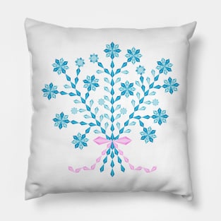 Winter blue flower bouquet with long pink ribbon, version four Pillow