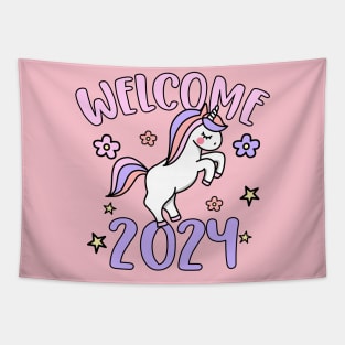 Welcome 2024, Happy New Year 2024, Cute Unicorn Design Tapestry