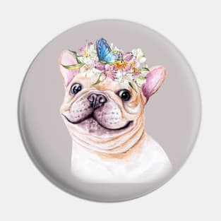 Cute French Bulldog Puppy with Butterfly and Flowers Illustration Art Pin