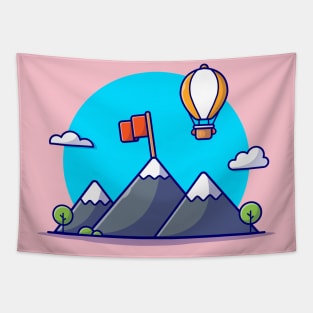 Mountain Landscape with Hot Air Balloon Cartoon Vector Icon Illustration Tapestry