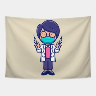 Cute Female Doctor Holding injection Cartoon Tapestry