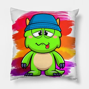 Green Baby Monster with tongue and blue panama hat Pillow
