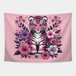 Little pink tiger surrounded by flowers Tapestry