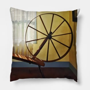 Knitting - Large Spinning Wheel Near Lace Curtain Pillow