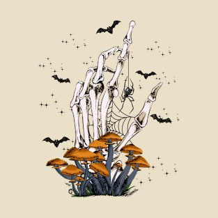 Skeleton Hand and Mushroom Halloween Design T-Shirt