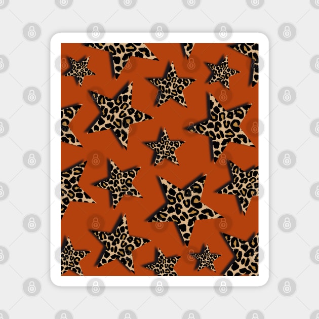 Leopard Print, Stars, on Rust Orange, Brown Magnet by OneThreeSix