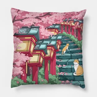 The Japanese shrine, cats, and pink sakura blossom Pillow