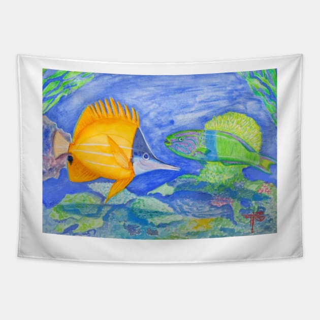 tropical fish. yellow and parrott fish. peixe papagaio Tapestry by terezadelpilar