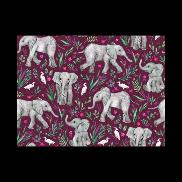 Baby Elephants and Egrets in Watercolor - burgundy red by micklyn