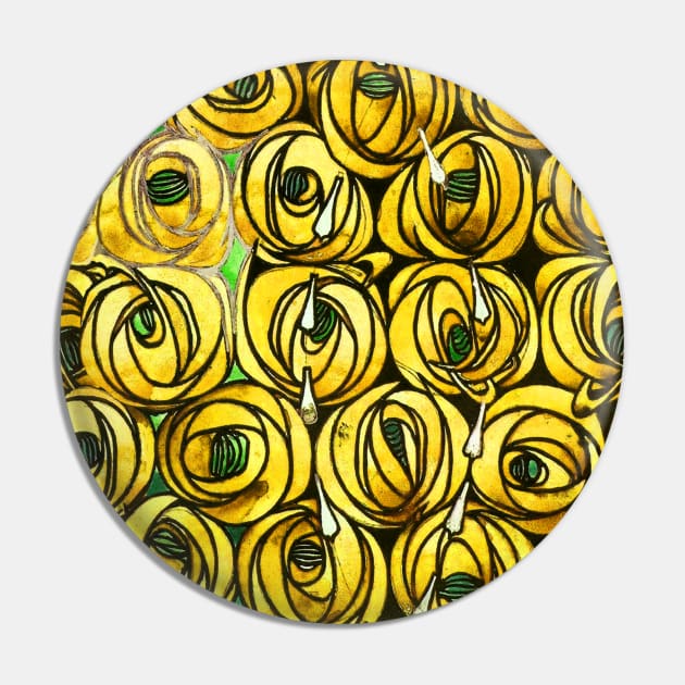 GOLD YELLOW ROSES AND TEARDROPS Art Nouveau Floral Pin by BulganLumini